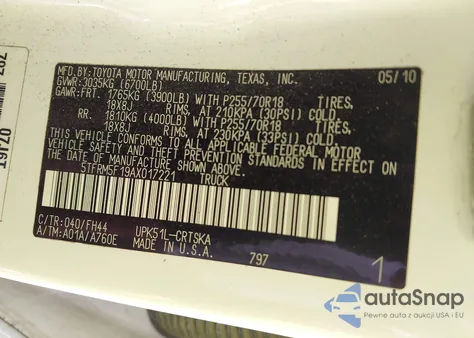 2010 Toyota Tundra Grade 4.6L V8 из США, поврежденный, VIN 5TFRM5F19AX017221